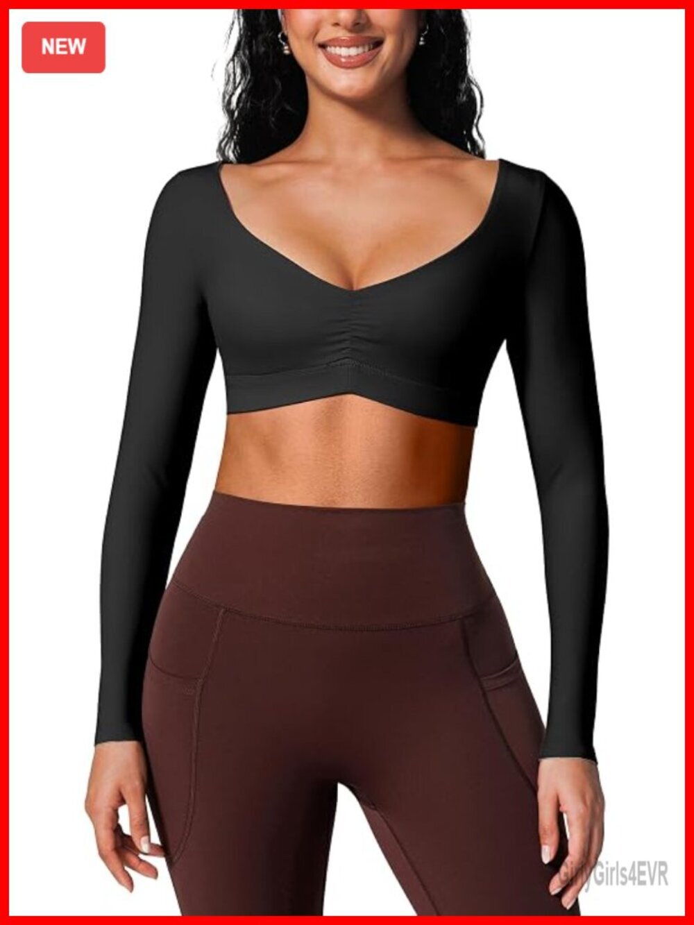 Long Sleeve Crop Top Built in Bra Deep V Neck Ruched Padded Yoga Shirt
